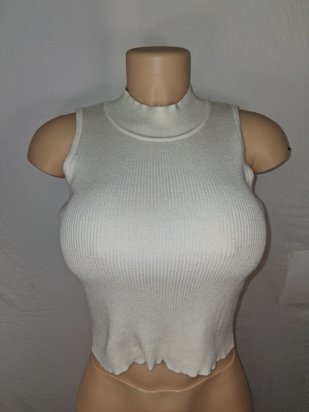 Zara Cream Ribbed Lettuce-Edge Mock Neck Tank